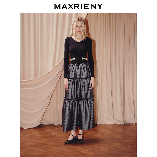 MAXRENY25年秋季新款宫廷复古风连衣裙显瘦气质长袖针织黑色优雅(货号:MF86DR504) 商品图0