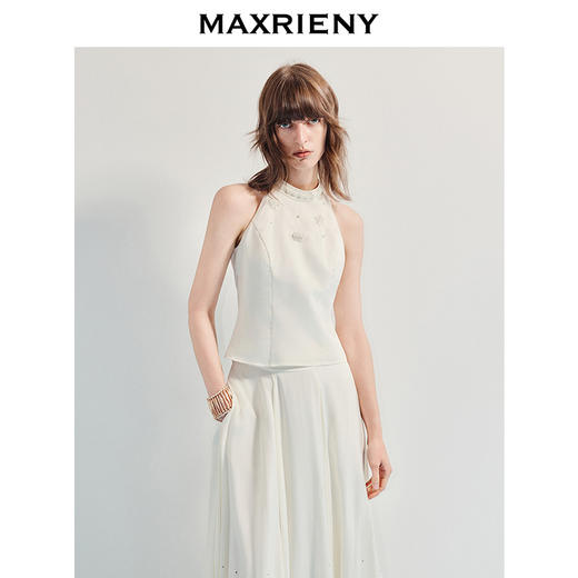 MAXRIENY【商场同款】25夏季新款宫廷挂脖上衣白色复古圆领气质无袖(货号:MF86TP011) 商品图2