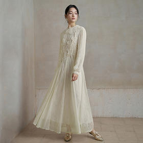 【林栖设计小店】纯白系列绵羊蕾丝连衣裙拼桑蚕丝优雅花边肌理感2025秋冬新款长裙女1954036