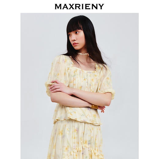 MAXRIENY25年夏季新款日落繁花宫廷风灯笼袖显瘦印花甜美上衣(货号:MF86TP269) 商品图3