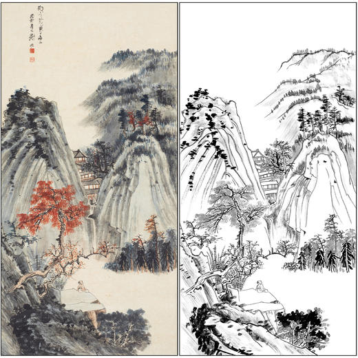 谢稚柳山水工笔画白描底稿《秋山红树图》四尺六尺临摹勾线高清打印稿XZ33 商品图0
