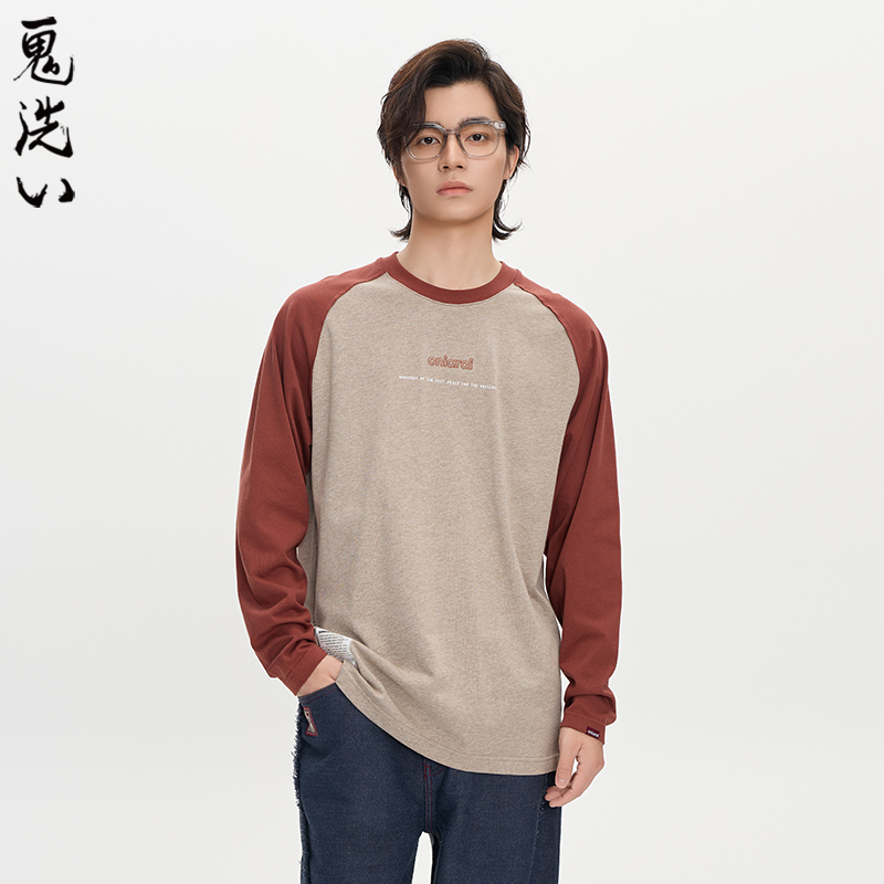 ONIARAI/鬼洗黑标Logo绣花拼布牛角袖长袖常规T恤 A240014