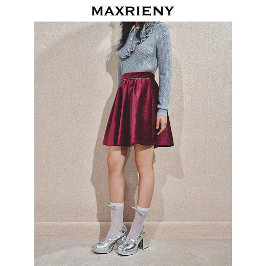 MAXRIENY2025秋冬新款精致优雅修身高腰安哥拉红A字丝绒半身短裙(货号:MS85SK768) 商品图2