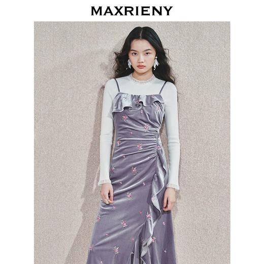 MAXRIENY浪漫复古感吊带连衣裙24冬款修身显瘦开叉长裙约会小裙子(货号:MS85DR770) 商品图1