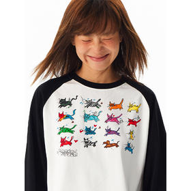 CryingCenter 可爱小猫手绘插画松弛居家感黑白插肩长袖 正肩T恤