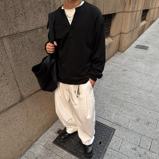 徐太浪【cleanfit 极简纯棉】黑色V领长袖T恤男春秋打底内搭上衣 商品图2