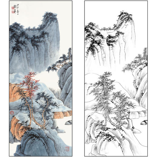 谢稚柳山水工笔画白描底稿《秋山晴翠》临摹勾线高清打印稿XZ37 商品图0