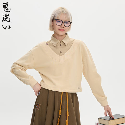 ONIARAI/鬼洗25秋冬黑标石器时代假双层宽松半截衬衫卫衣 A240017 商品图1