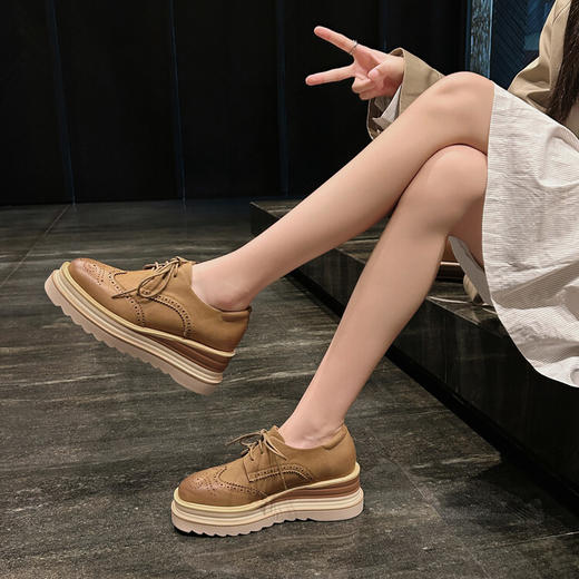 【预售5天】厚底松糕鞋复古雕花布洛克英伦风小皮鞋真皮单鞋高跟系带女鞋MZYZP&929-17 商品图2