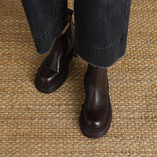 阿么手工女鞋厚底切尔西短靴2025新款复古真皮英伦风时装靴4.5CM 商品图2