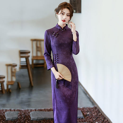 SC22062妈妈装国风中式长款秋季长袖旗袍2025新款女复古修身收腰秋冬 商品图3