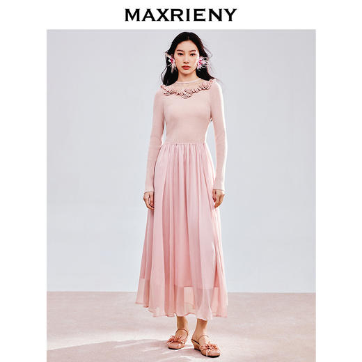 MAXRIENY春日复古优雅浪漫温柔风2025春季新款玫瑰网纱装饰连衣裙(货号:MS85DR774) 商品图2