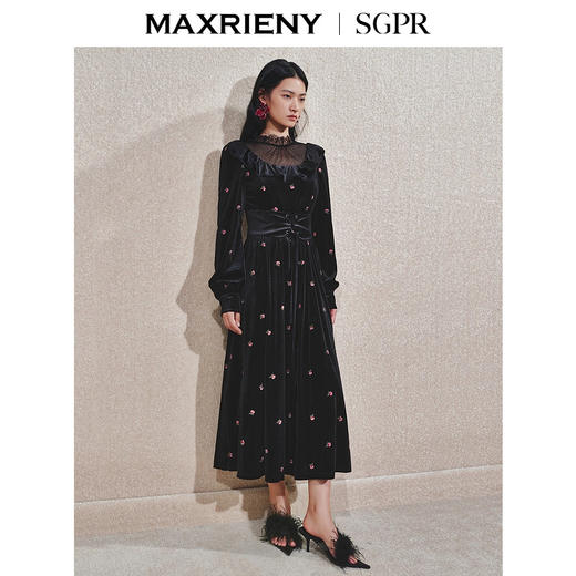MAXRIENY【商场同款】法式甜美连衣裙24冬刺绣收腰精致赫本风长裙(货号:MS85DR753) 商品图2