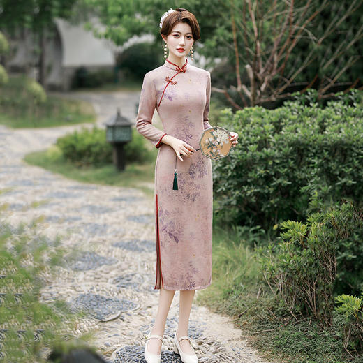 SC22064新款春季印花麂皮绒长款七分袖显瘦旗袍中国风气质修身连衣裙 商品图1
