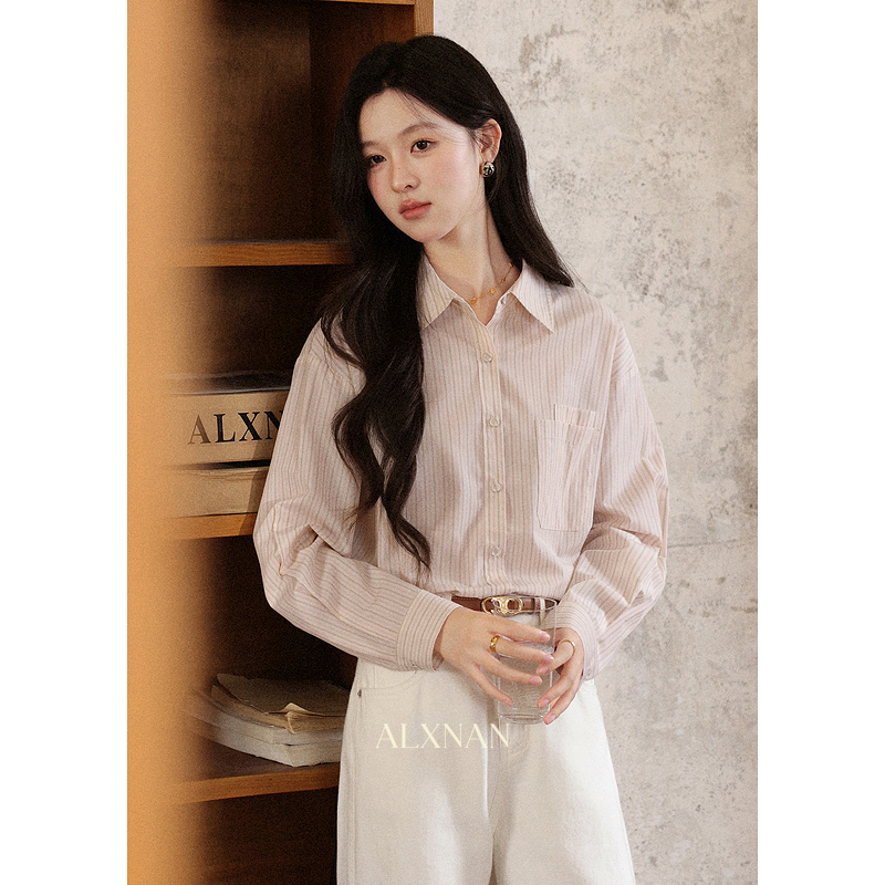 【6折秒杀】鹿向南「花涧蜜语」粉色条纹polo领休闲衬衫女秋宽松减龄长袖上衣L57652