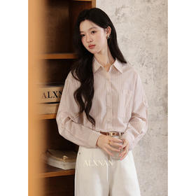 鹿向南「花涧蜜语」粉色条纹polo领休闲衬衫女秋宽松减龄长袖上衣L57652