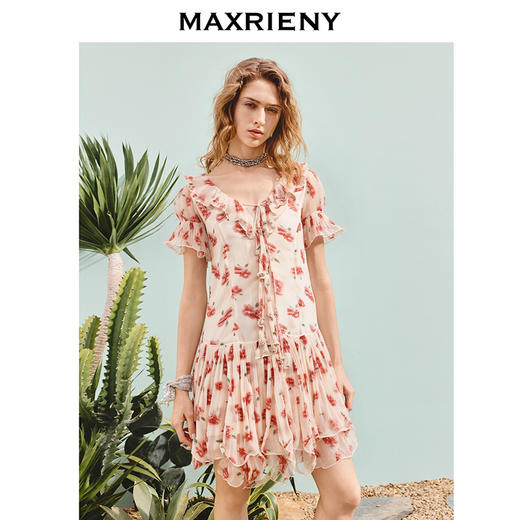 MAXRIENY【商场同款】2025秋季新品优雅度假风波浪边绑带A字雪纺裙(货号:MF86DR261) 商品图0