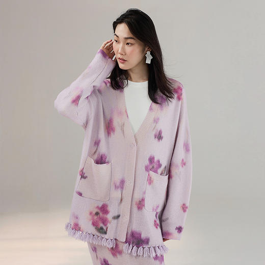 【林栖设计小店】木槿紫听风系列印花毛织外套羊驼毛流苏宽松显瘦2025秋冬新款开衫毛衣女1954078 商品图5