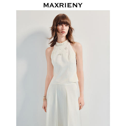 MAXRIENY【商场同款】25夏季新款宫廷挂脖上衣白色复古圆领气质无袖(货号:MF86TP011) 商品图0