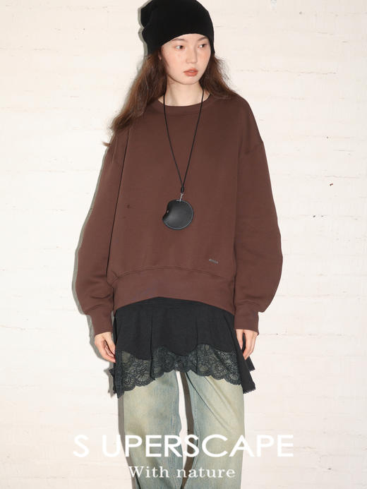 素舶 羊毛混纺亨利领不规则蕾丝边下摆宽松长袖T恤 商品图4