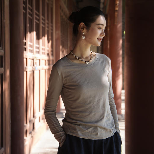 绽放559朵/纯棉轻薄肌底衣秋衣修身弹力打底衫圆领长袖T恤女新款 商品图2