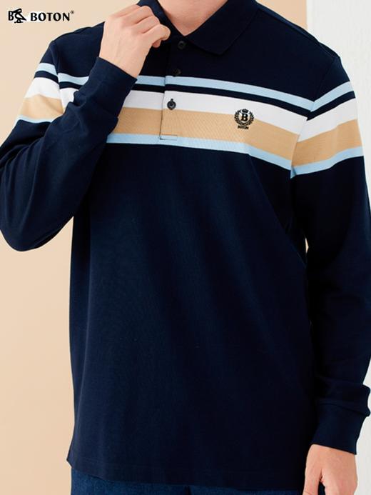 波顿男士秋季翻领宝蓝杏色条纹POLO领长袖T恤MT922322 商品图2
