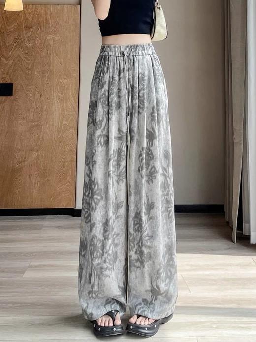 【清爽出街！回头率爆棚】垂感十足，复古印花青瓷花冰凉丝亚麻阔腿裤女夏季薄款宽松防蚊裤大码直筒休闲裤。rb 商品图5