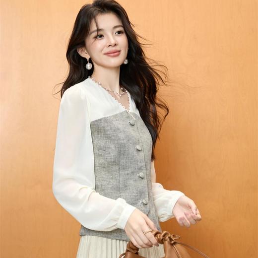 「自」全新升级【铂金会员192/天猫259/差价67】(00808)洛诗琳法式小香风长袖衬衫2025秋季气质假两件V领雪纺上衣 商品图3