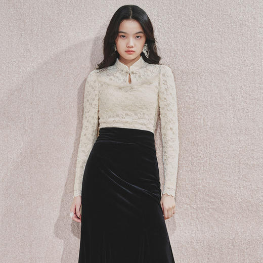 MAXRIENY贵雅新中式蕾丝雪纺衫24秋修身显瘦盘扣复古气质长袖 商品图2
