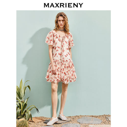 MAXRIENY【商场同款】2025秋季新品优雅度假风波浪边绑带A字雪纺裙(货号:MF86DR261) 商品图1