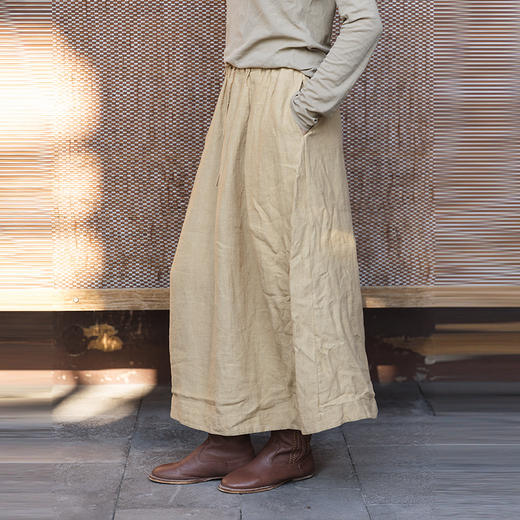 绽放女装562朵/亚麻斜纹显瘦压褶A字裙松紧腰半身长裙女秋半身裙 商品图0