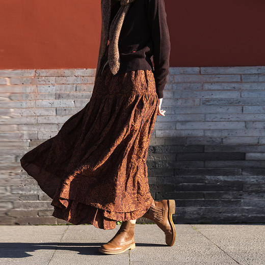 绽放旅行女装561朵/亚麻棉提花重工大裙摆复古文艺双层半身长裙女 商品图0