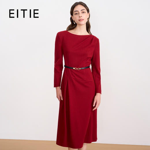 EITIE爱特爱气质圆领通勤不对称优雅红色呢子连衣裙2025秋冬新款D2507911 商品图0