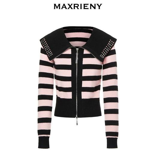 【商场同款】MAXRIENY条纹彼得大翻领针织拉链开衫秋冬修身上衣女(货号:MC88JA590) 商品图4
