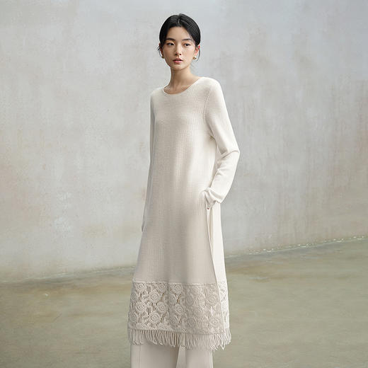 【林栖设计小店】（现货）纯白系列绵羊毛毛织连衣裙镂空仿手钩花2025秋季新款开衩长裙女1953057 商品图1