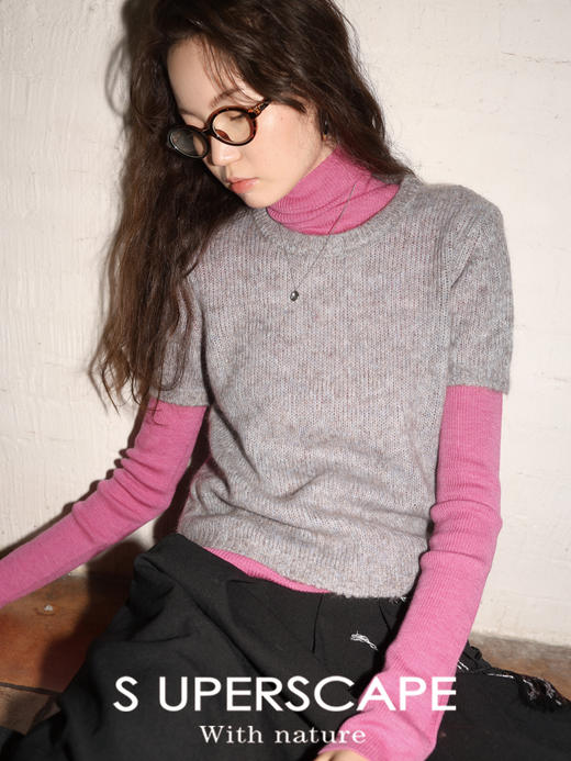 素舶 山羊绒桑蚕丝奢柔体感混色毛绒圆领短袖针织衫毛衣 商品图0