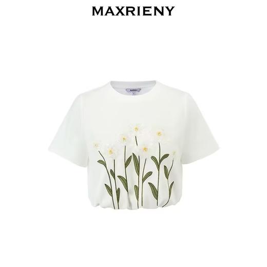 MAXRIENY文艺雏菊绣花钉珠短袖T恤2025夏季新款修身显瘦截短上衣(货号:MS85TS017) 商品图4