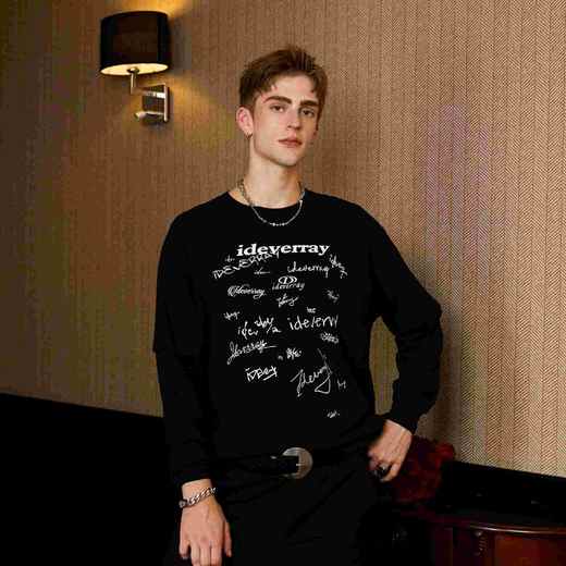 【明星同款】IDEVERRAY设计感字母印花长袖T恤男女同款早秋新品假两件圆领上衣 商品图4