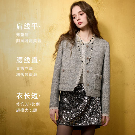 【绵羊毛】三彩2025冬季新款香风毛呢外套圈圈呢加棉短大衣保暖M 商品图1