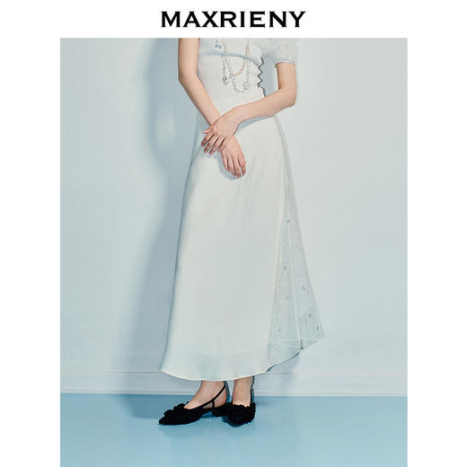MAXRIENY精致优雅感收腰伞摆高腰半身裙25夏款蕾丝拼接设计感长裙(货号:MF86SK260) 商品图0