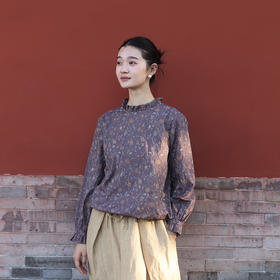 绽放女装567朵/纯棉纹样提花设计感木耳边抽绳长袖衬衫女秋冬新款