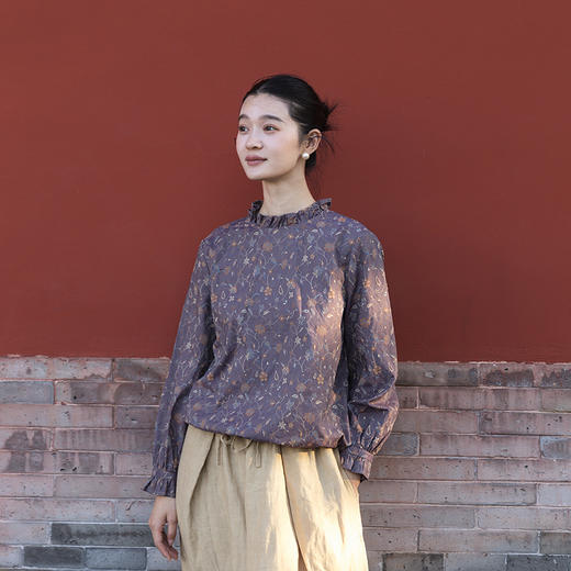 绽放女装567朵/纯棉纹样提花设计感木耳边抽绳长袖衬衫女秋冬新款 商品图0