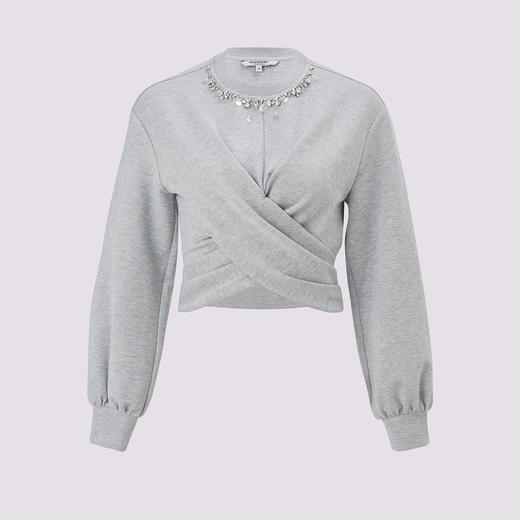 MAXRIENY2025秋冬新款灰色设计感堆褶钉珠修身显瘦卫衣短款上衣 商品图0