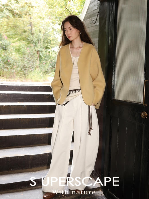 素舶 经典B入款全羊毛极简立体剪裁v领短款双面呢大衣外套 商品图1