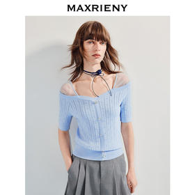 MAXRIENYMAXRIENY25年夏季新款海盐蓝曲珠针织衫伪一字肩上衣显白(货号:MF86SW003)