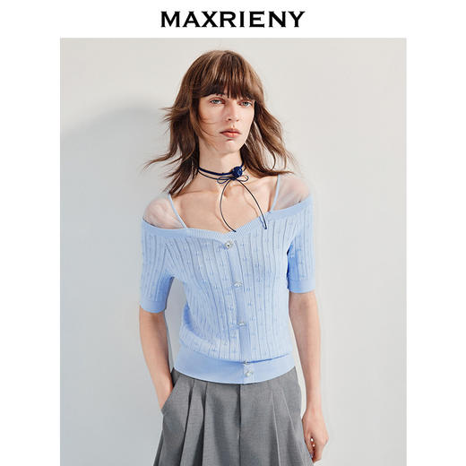 MAXRIENYMAXRIENY25年夏季新款海盐蓝曲珠针织衫伪一字肩上衣显白(货号:MF86SW003) 商品图0