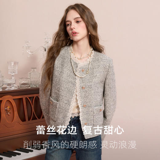 【绵羊毛】三彩2025冬季新款香风毛呢外套圈圈呢加棉短大衣保暖M 商品图4