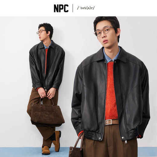 NPC潮牌复古老钱100%【绵羊皮革】翻领夹克男黑色短款秋NP57TJ38 商品图0