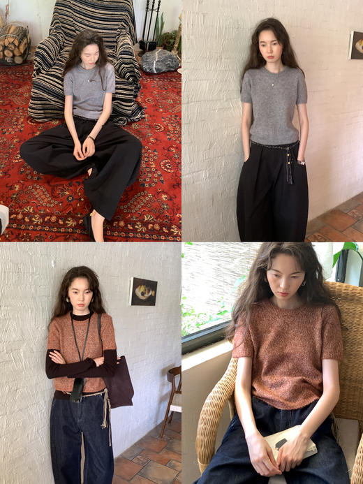 素舶 山羊绒桑蚕丝奢柔体感混色毛绒圆领短袖针织衫毛衣 商品图3