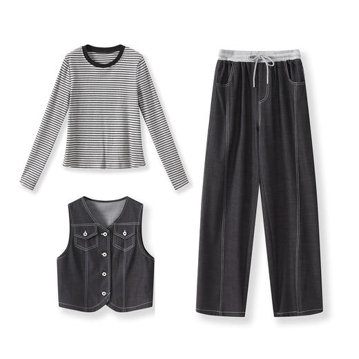 「高货wl」全新升级【铂金会员404/天猫549/差价145】(99828)洛诗琳休闲时髦松弛牛仔马甲条纹长袖T恤阔腿长裤三件套 商品图4